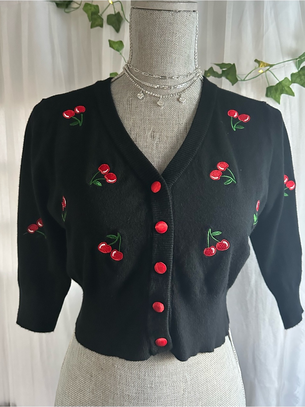 Black Cherry Embroidered V-Neck Cropped Cardigan